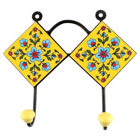 Yellow Base Turquoise Tiny Flower Ceramic Tiles Hook 
